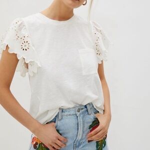 Anthropologie Seen Worn Kept White Eyelet Flutter Sleeve Tee Sz Medium